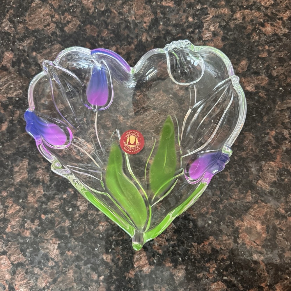 Waltherglas Heart~Shaped Glass Candy Dish Tulips Flowers German Original Sticker